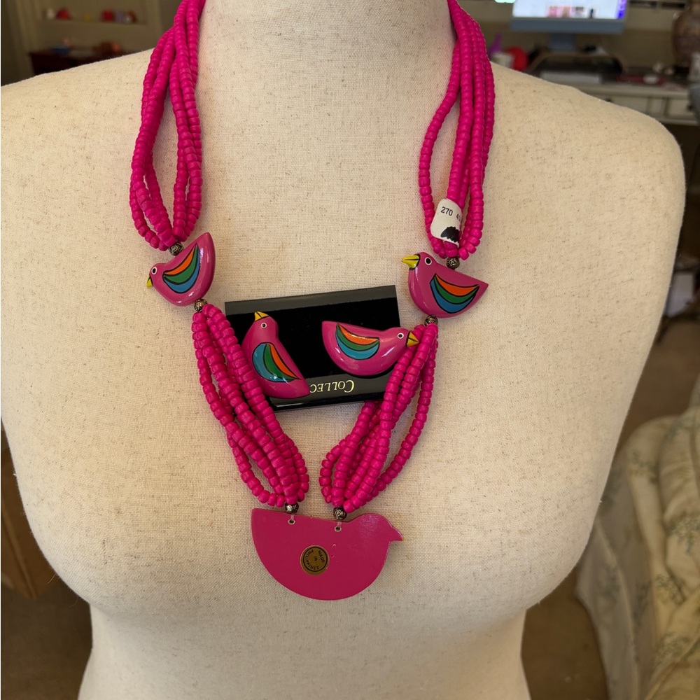 Collectif Vintage 1980s Pink Parrot Beaded Necklace and Earrings Women’s OS New - Picture 3 of 10